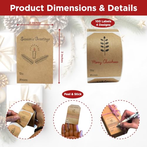 Christmas Gift Tag Adhesive Stickers, 2 x 3 Inch, Roll of 100 U427