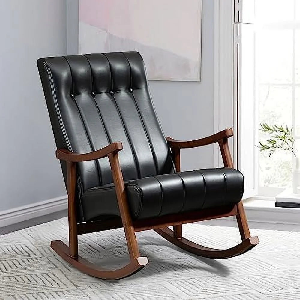 Upholstered Rocking Chair with Fabric Padded Seat Solid Wood High Back Armchair Grey S49555