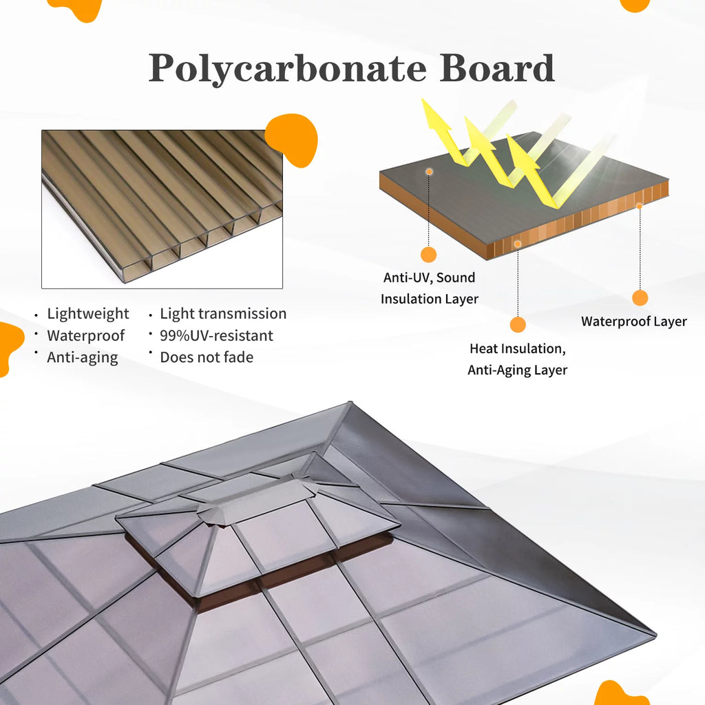 12'x16' Brown Polycarbonate Double Roof Hardtop Gazebo Canopy L25782