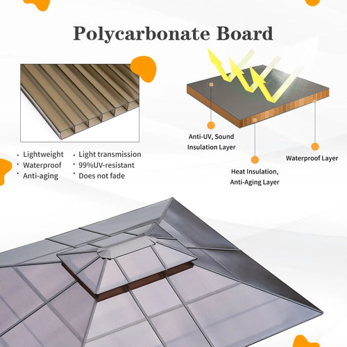 12'x16' Brown Polycarbonate Double Roof Hardtop Gazebo Canopy L25782