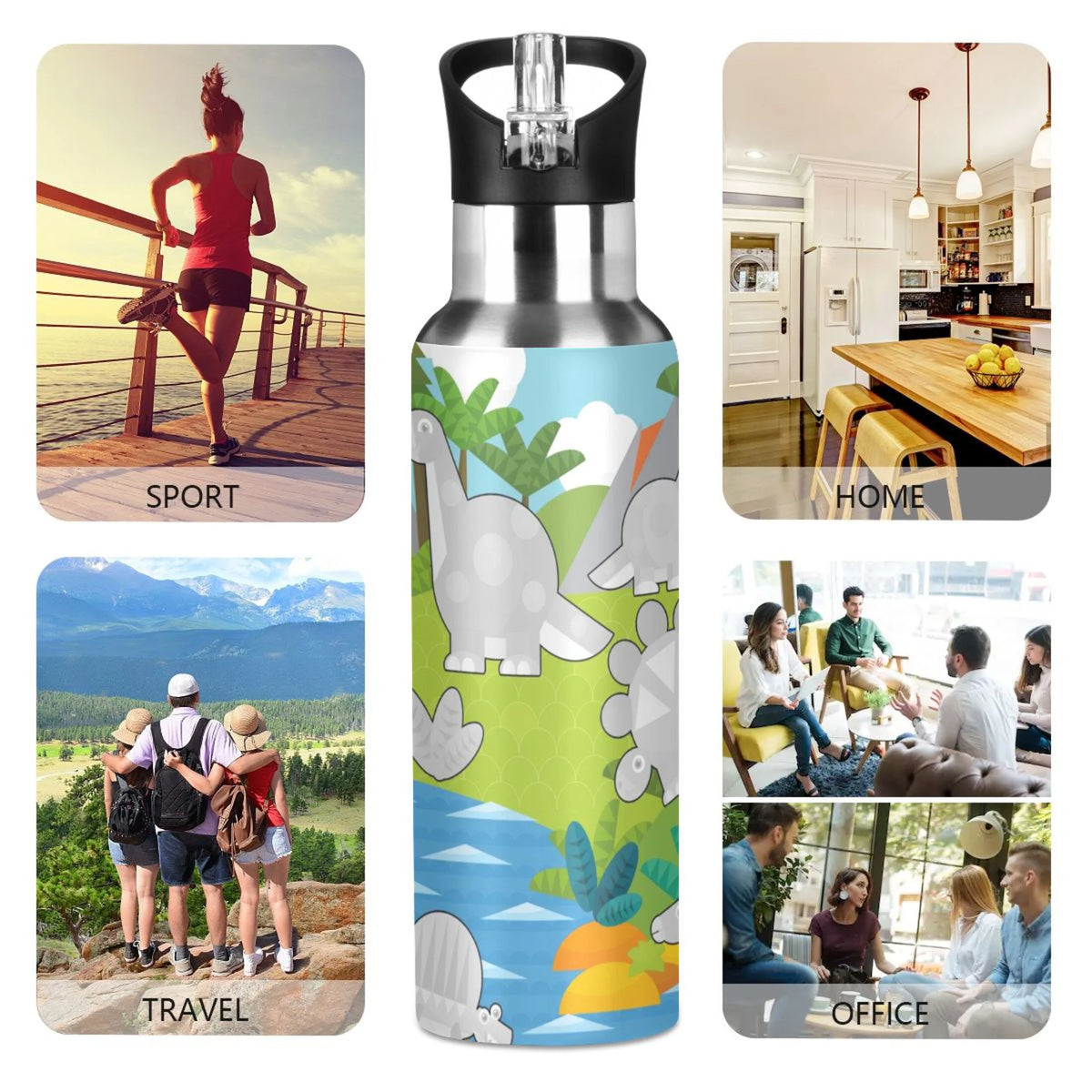 Gray Dinosaurs Stainless Steel Water Bottle with Straw Lid 20 OZ V479610