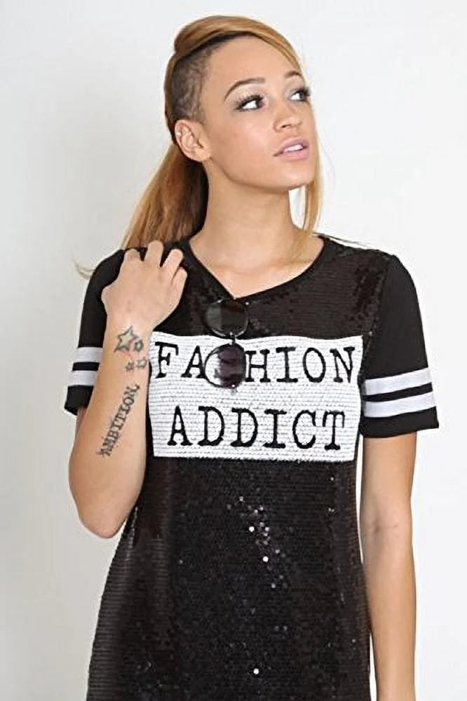 Black and White Sequins Shirt Dress Q128