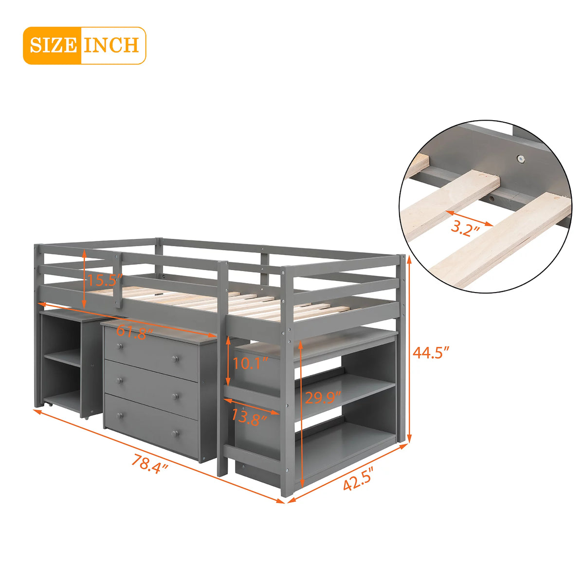 Twin Size Wood Loft Bed with Desk Storage Drawers and Bookcase C33822