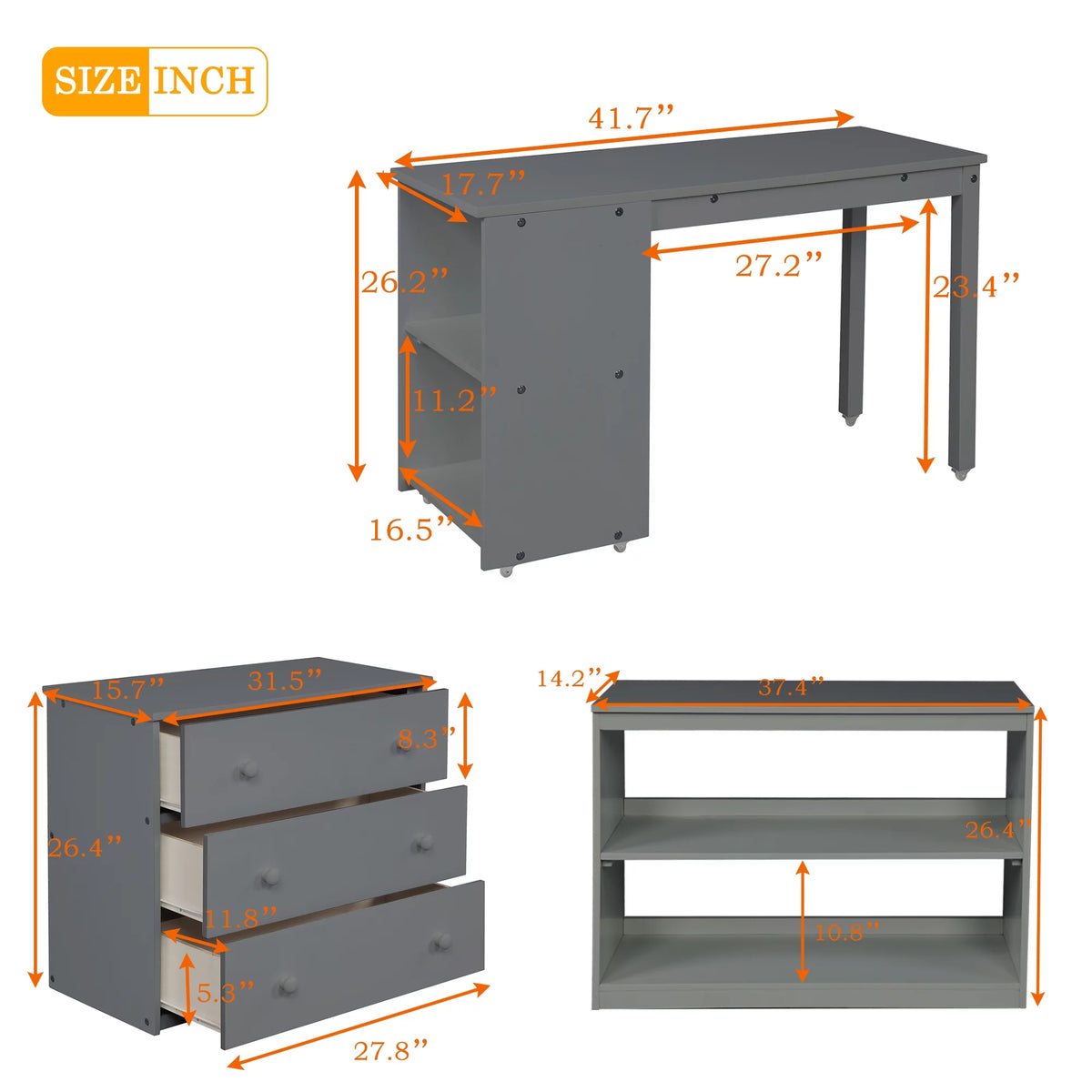 Twin Size Wood Loft Bed with Desk Storage Drawers and Bookcase C33822