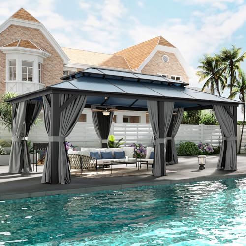 12'x16' Hardtop Aluminum Gazebo with Curtains and Netting R8558