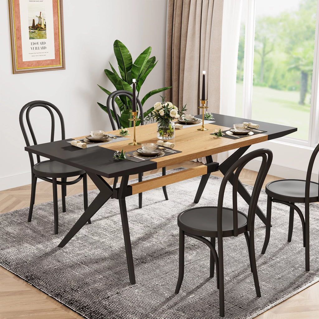 63 inches Rectangular Wood Dining Table with X-Shaped Iron Frame H12681