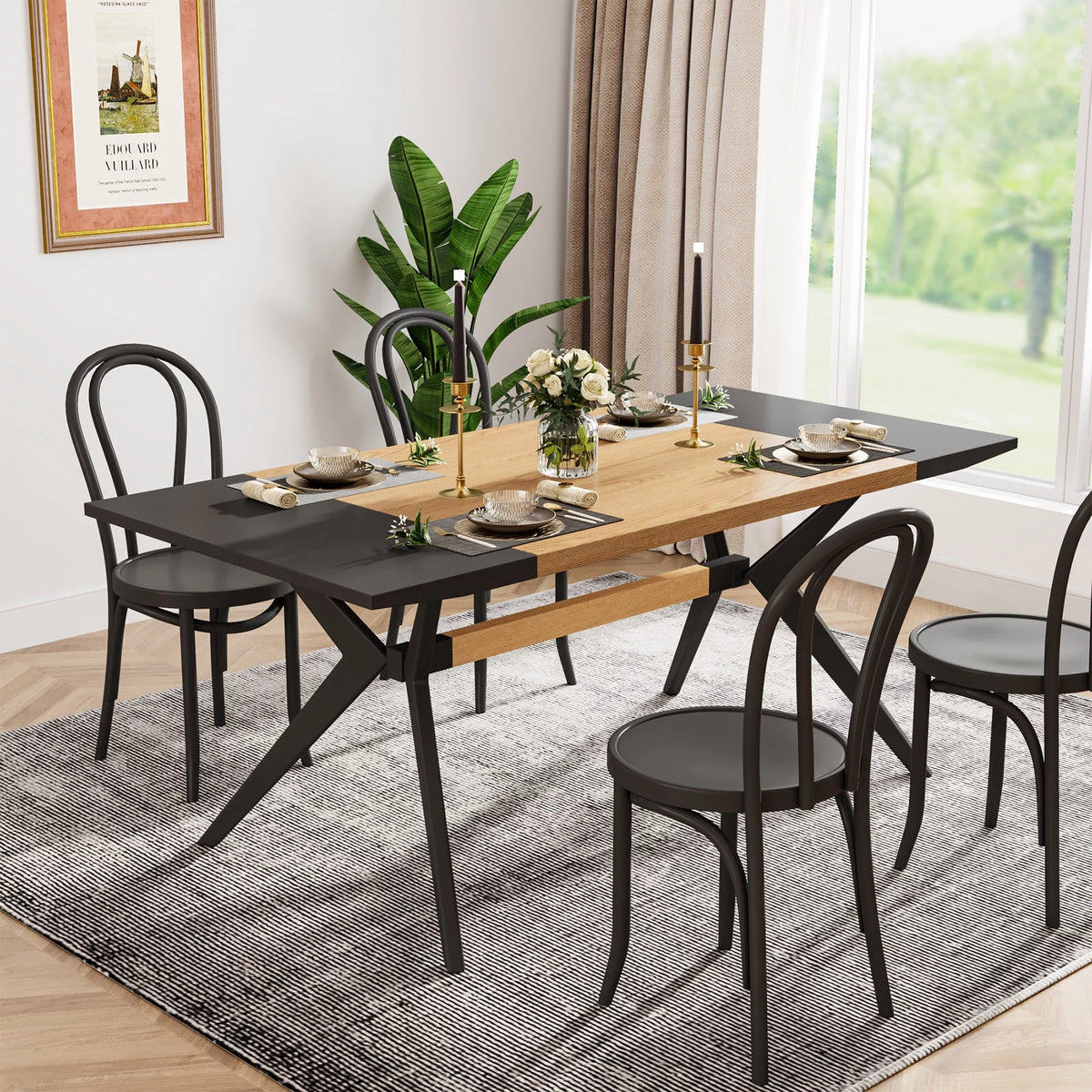 63 inches Rectangular Wood Dining Table with X-Shaped Iron Frame H12681