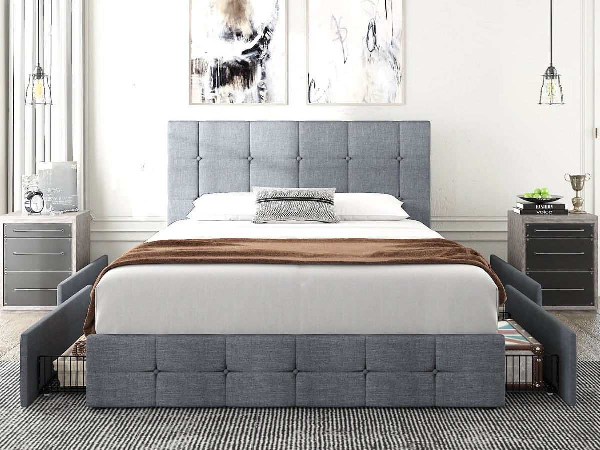 Queen Size Platform Bed Frame with Headboard and 4 Storage Drawers X154