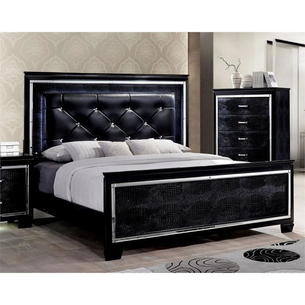 Black Wood King LED Panel Bed with Mirror Trim O93930