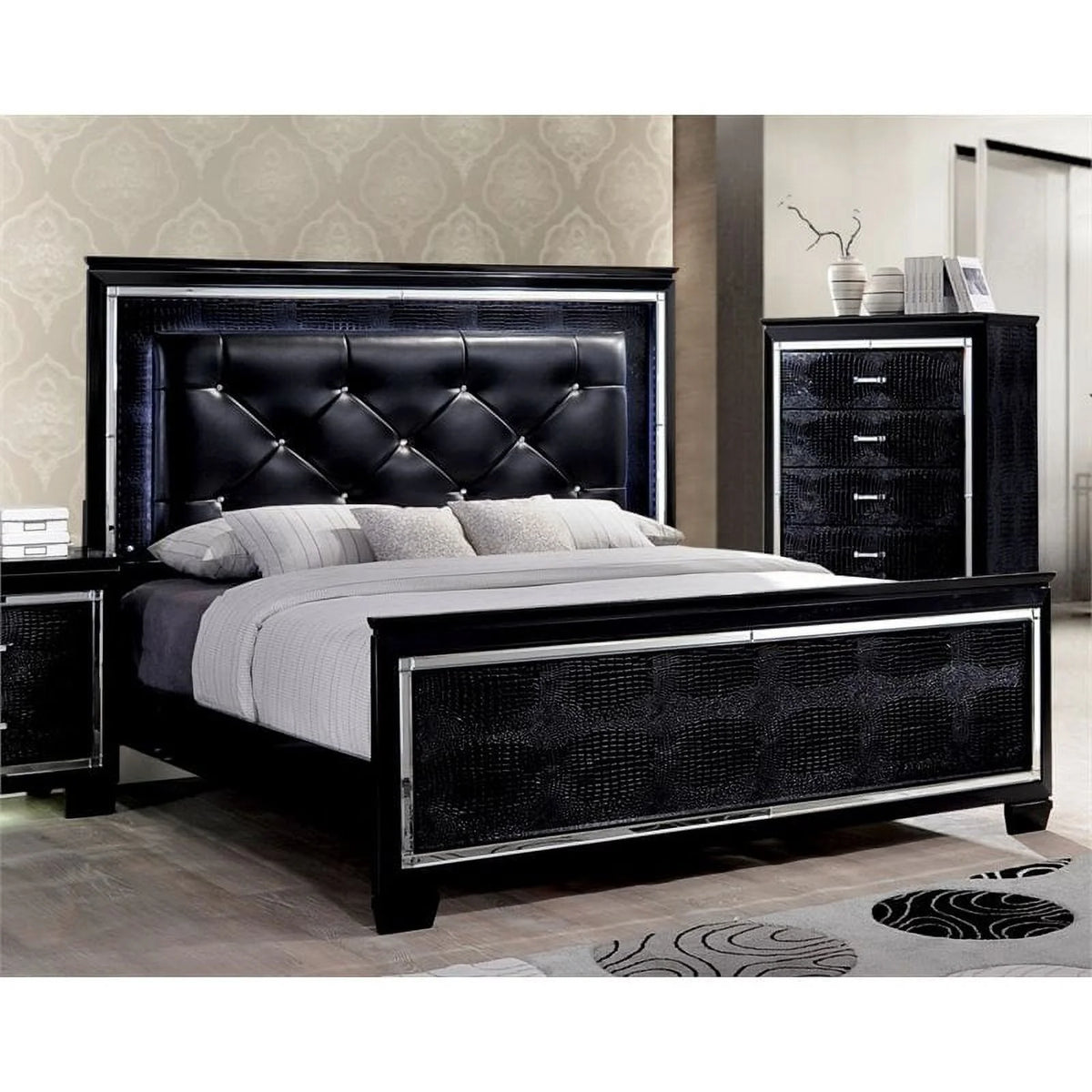 Black Wood King LED Panel Bed with Mirror Trim O93930