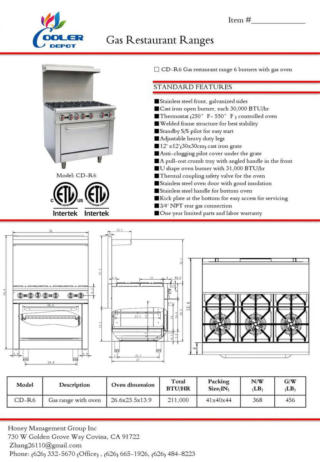 36" 6 Burners Commercial Range & Oven Stainless Steel 211000 BTU K533895