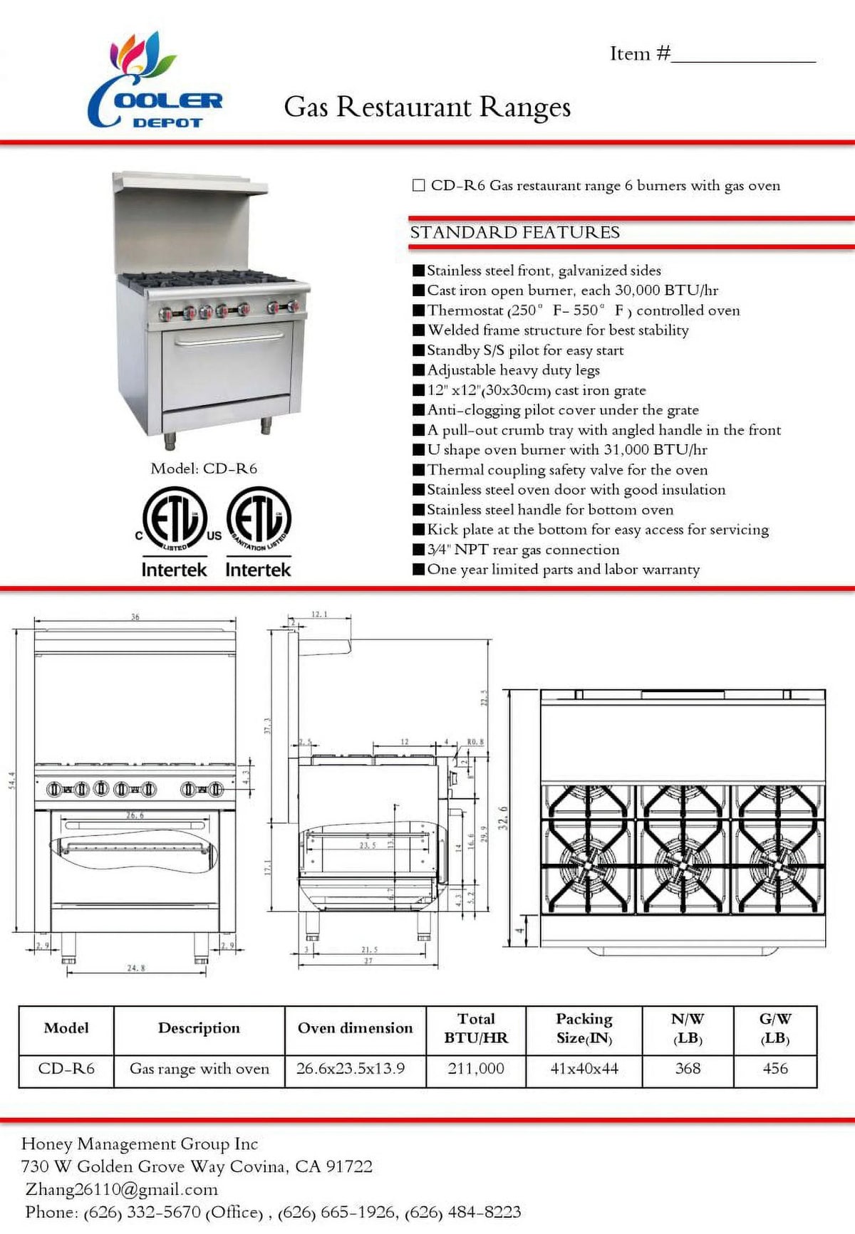 36" 6 Burners Commercial Range & Oven Stainless Steel 211000 BTU K533895