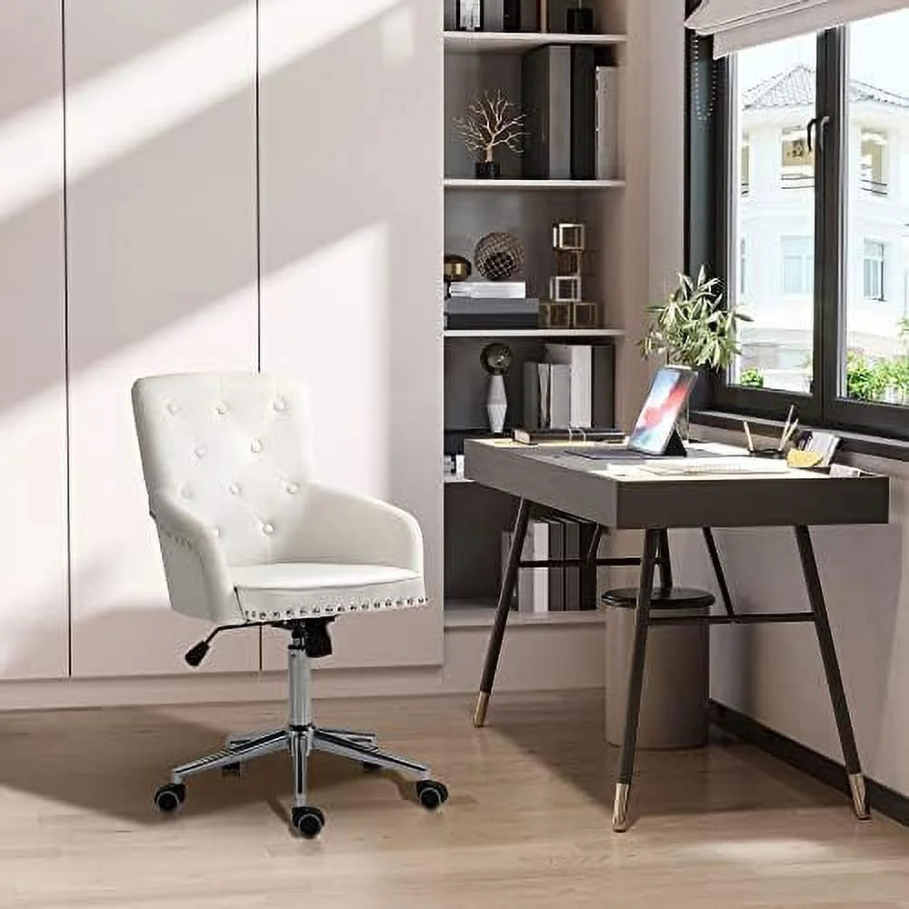 White Tufted Velvet Swivel Desk Chair D5628