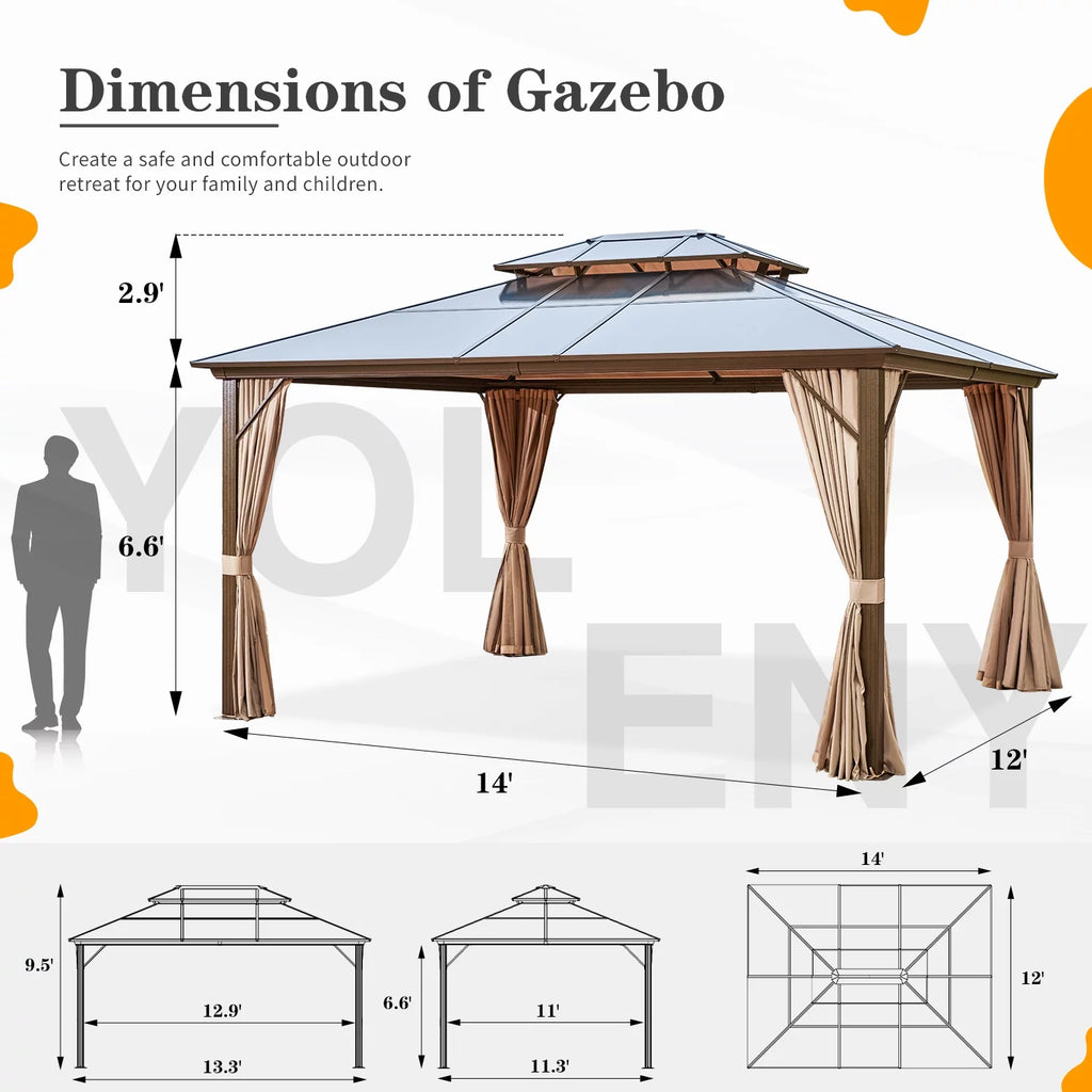 12'x16' Brown Polycarbonate Double Roof Hardtop Gazebo Canopy L25782