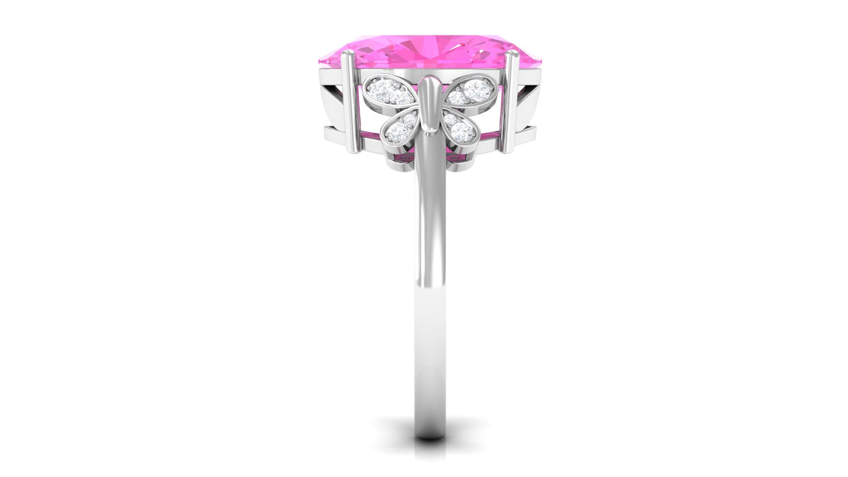 Oval Created Pink Sapphire Solitaire Ring with Diamond, 10X14 mm, 925 Sterling Silver, US 4.00 A349