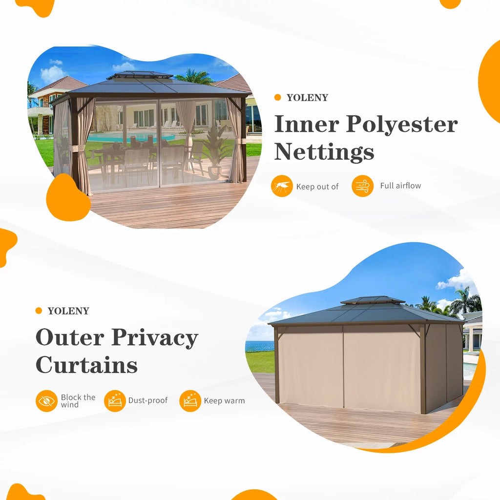 12'x16' Brown Polycarbonate Double Roof Hardtop Gazebo Canopy L25782
