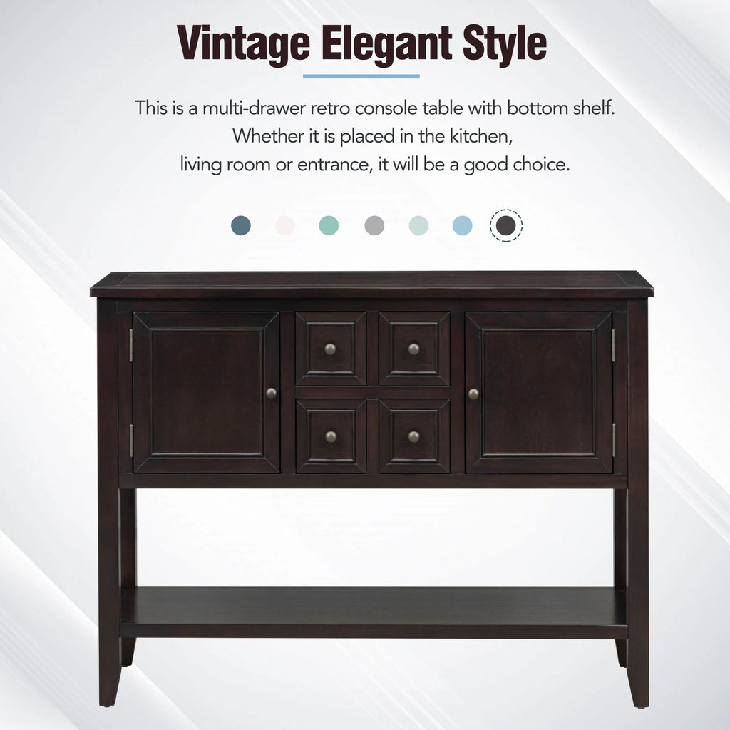 Vintage Console Table with Four Drawers and Bottom Shelf, Espresso A8569