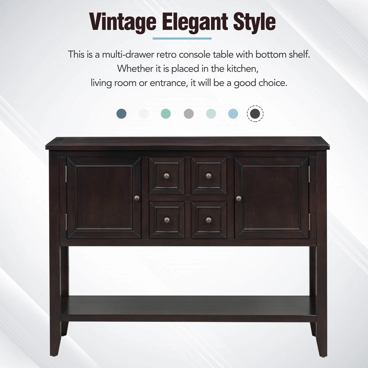 Vintage Console Table with Four Drawers and Bottom Shelf, Espresso A8569
