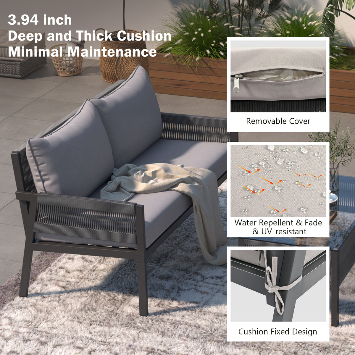 4PCS Outdoor Woven Rope Patio Furniture Set with Tempered Glass Tabletop A602