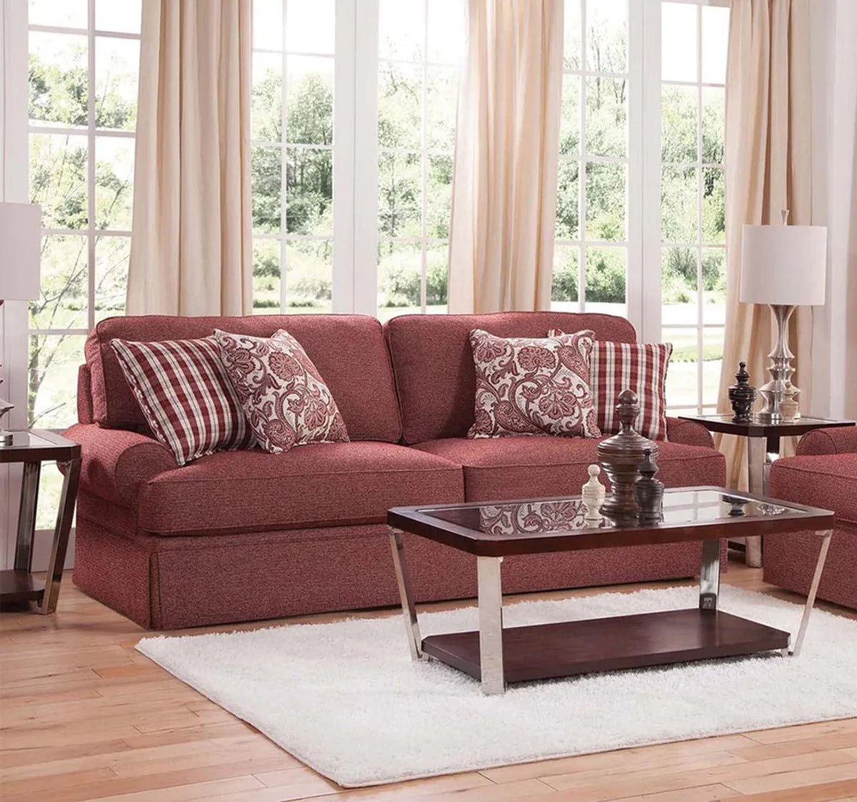 Rustic Red Sofa with Four Accent Pillows V7557