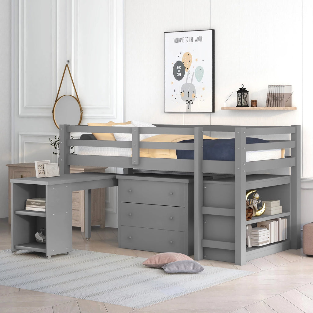 Twin Size Wood Loft Bed with Desk Storage Drawers and Bookcase C33822