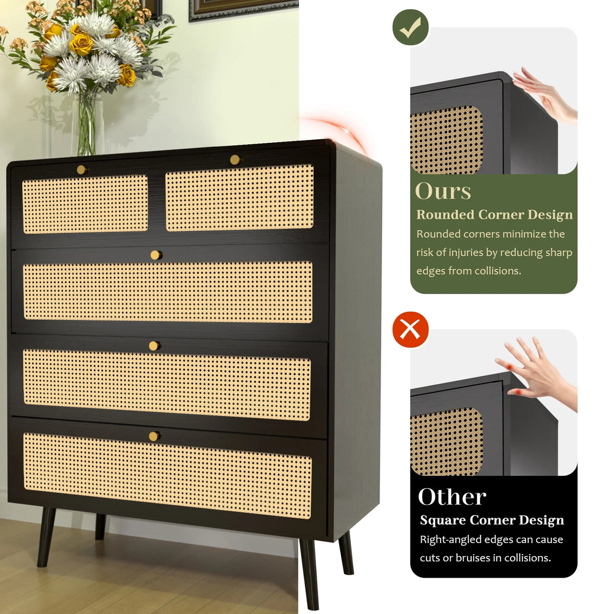 Rattan 4 Drawer Tall Wood Dresser V78652