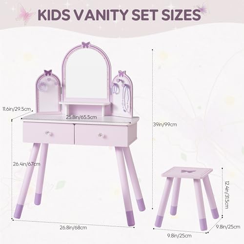 Purple Kids Vanity Set with Mirror, Chair and Storage Drawers T190