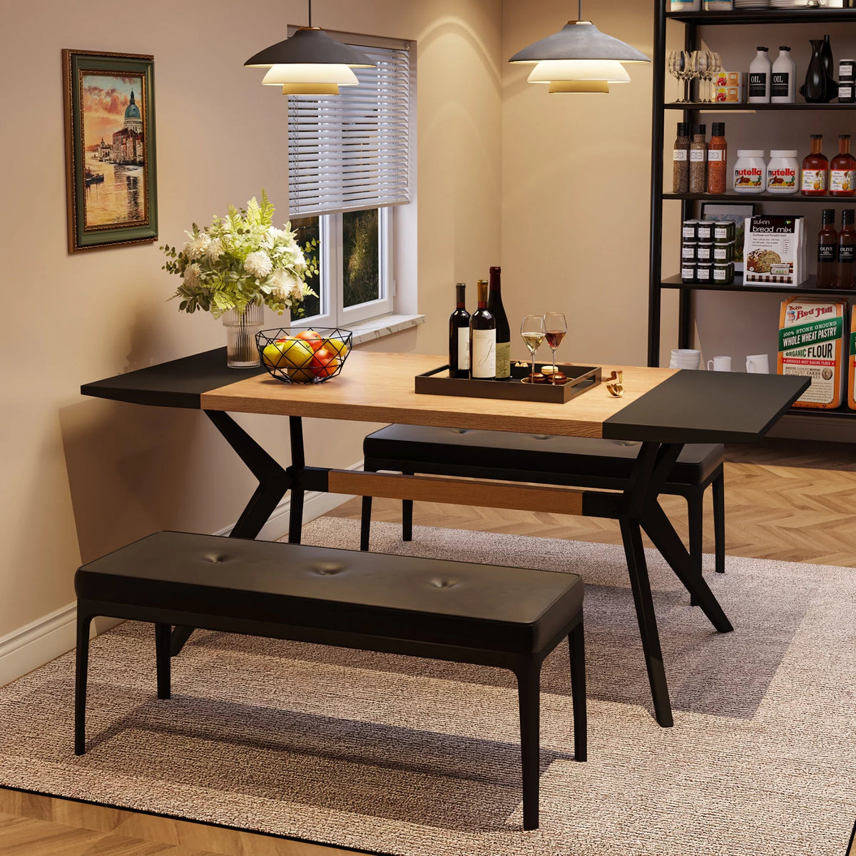 63 inches Rectangular Wood Dining Table with X-Shaped Iron Frame H12681