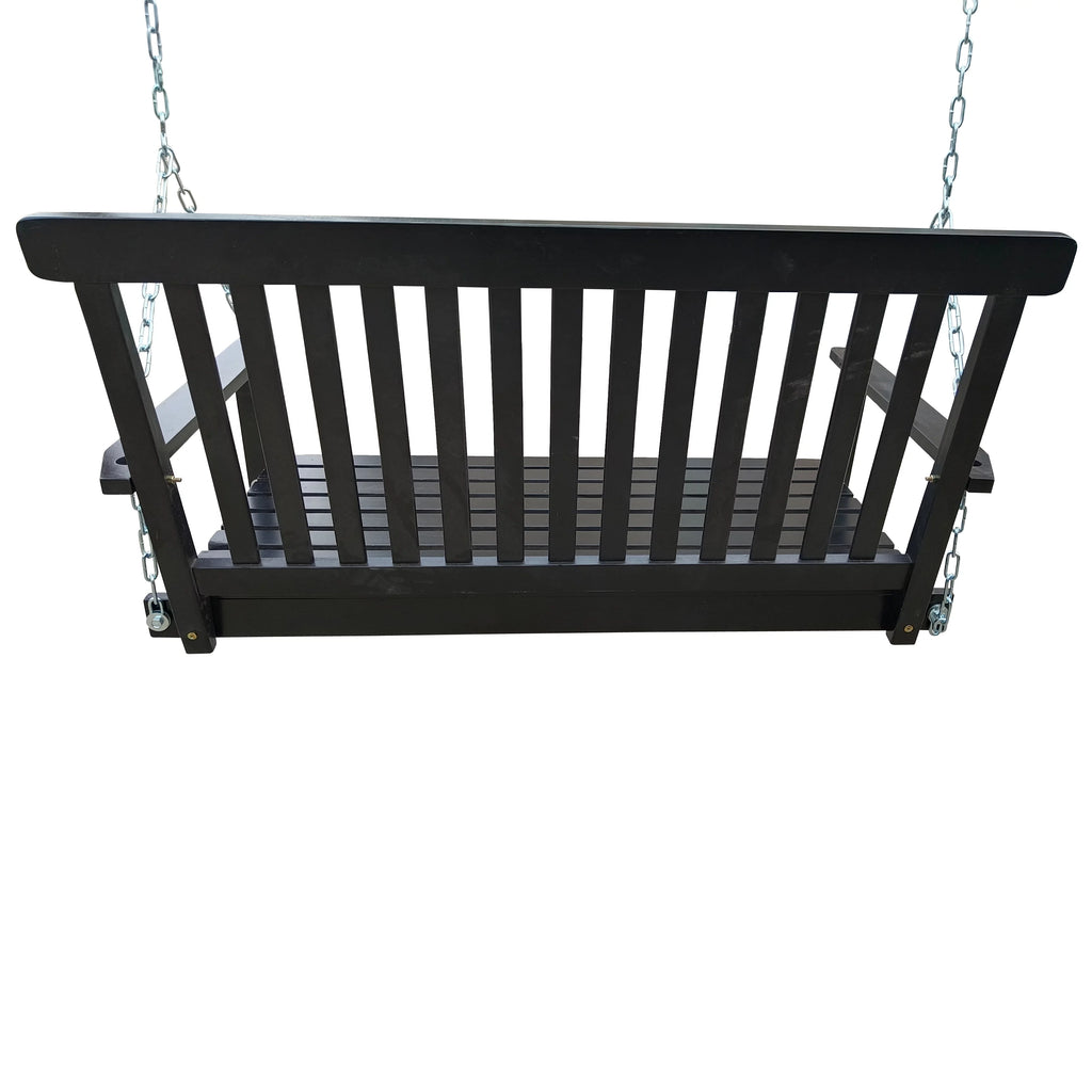 Black Wood Porch Swing with Armrests and Hanging Chains Z164094