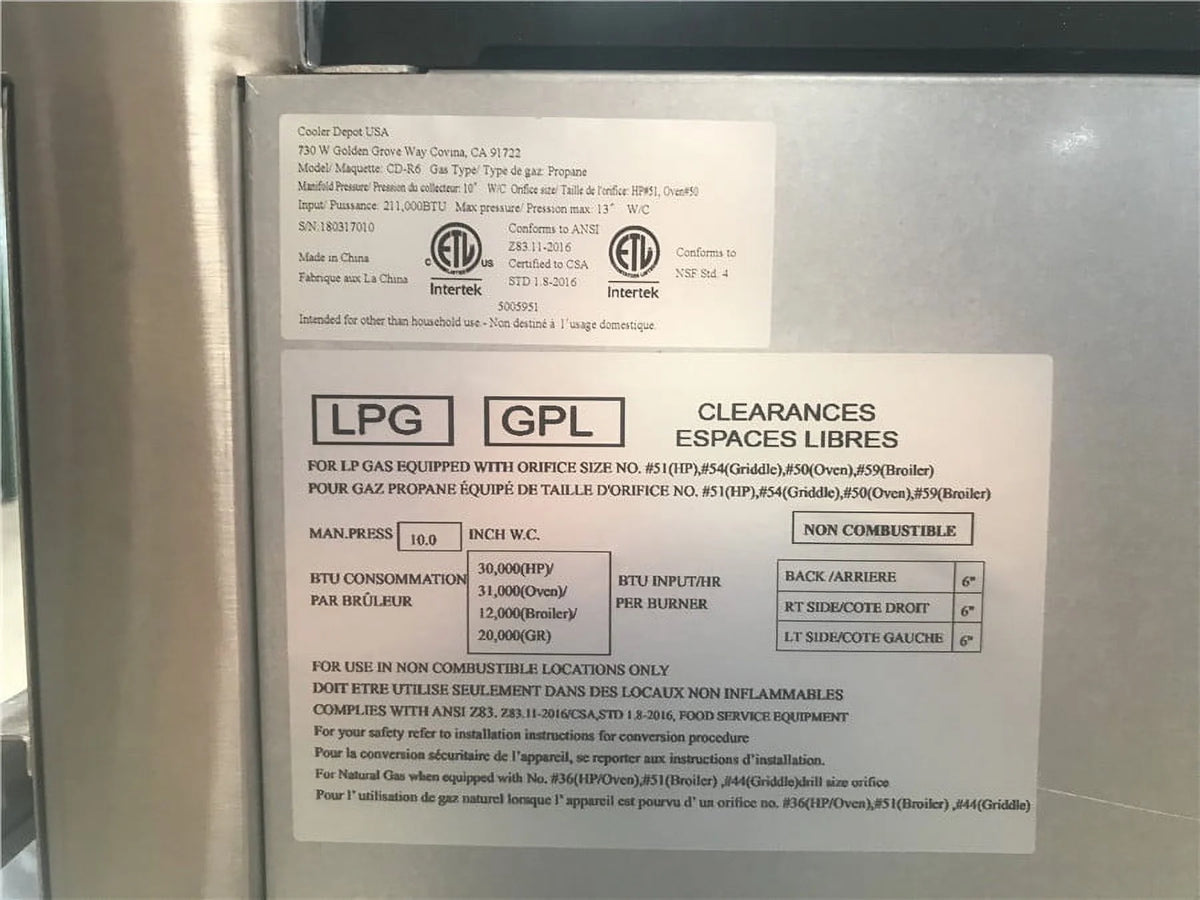 36" 6 Burners Commercial Range & Oven Stainless Steel 211000 BTU K533895