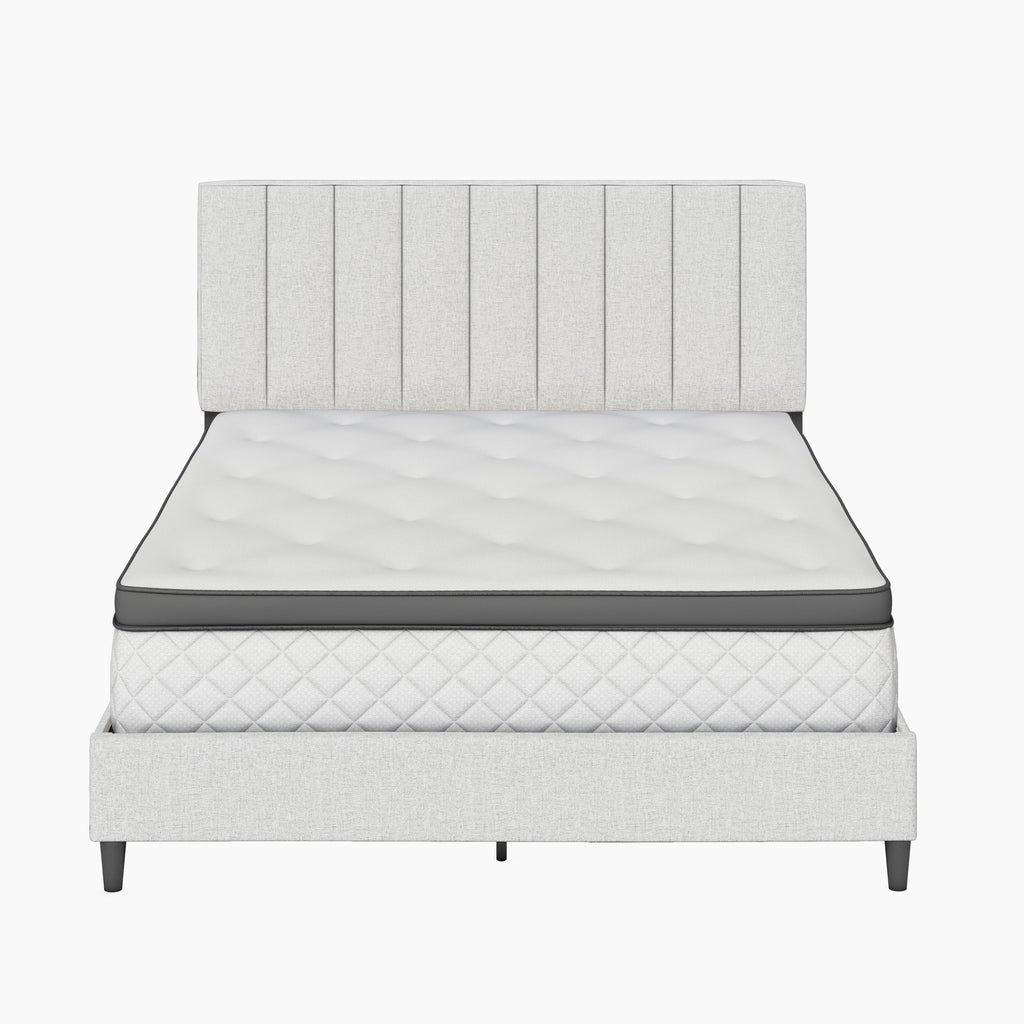 Off White Linen King Platform Bed Frame with Upholstered Headboard Z1301