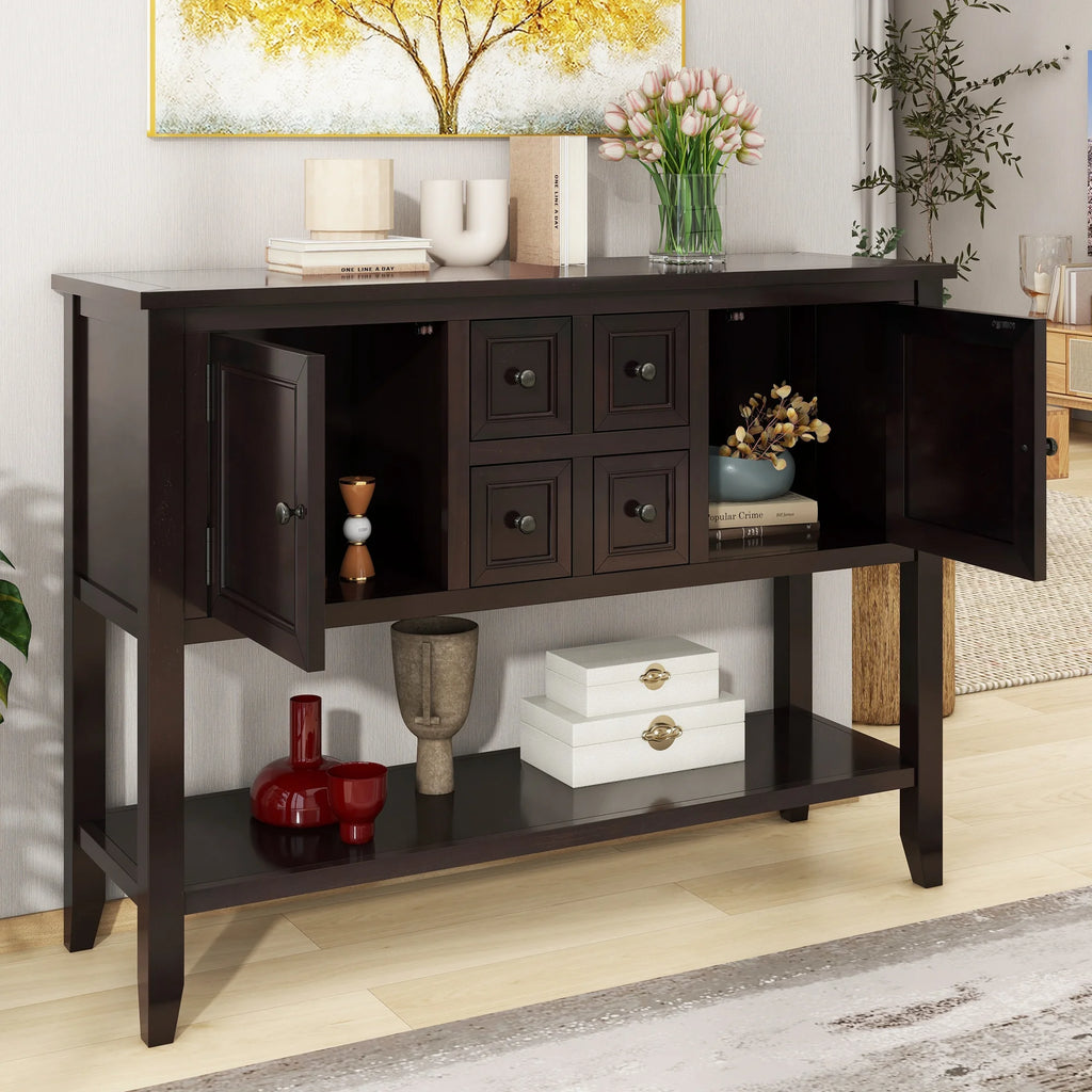 Vintage Console Table with Four Drawers and Bottom Shelf, Espresso A8569