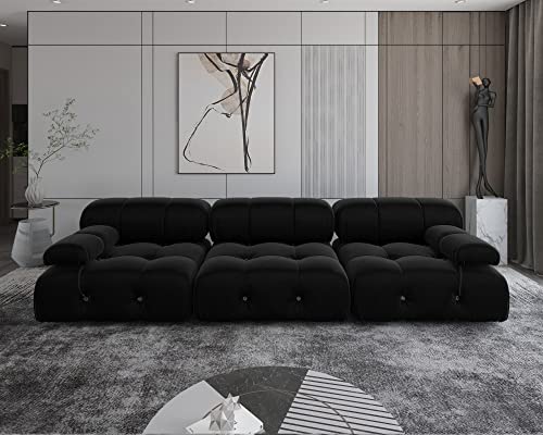 Black Velvet L-Shaped Sectional Sofa with Reversible Chaise Ottoman W68238