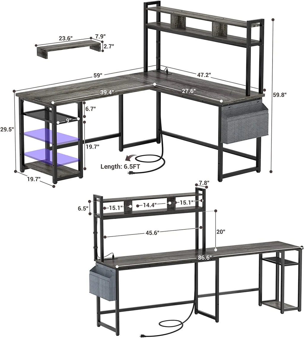 Grey Oak L Shaped Desk with Power Outlet & LED Strip U34409
