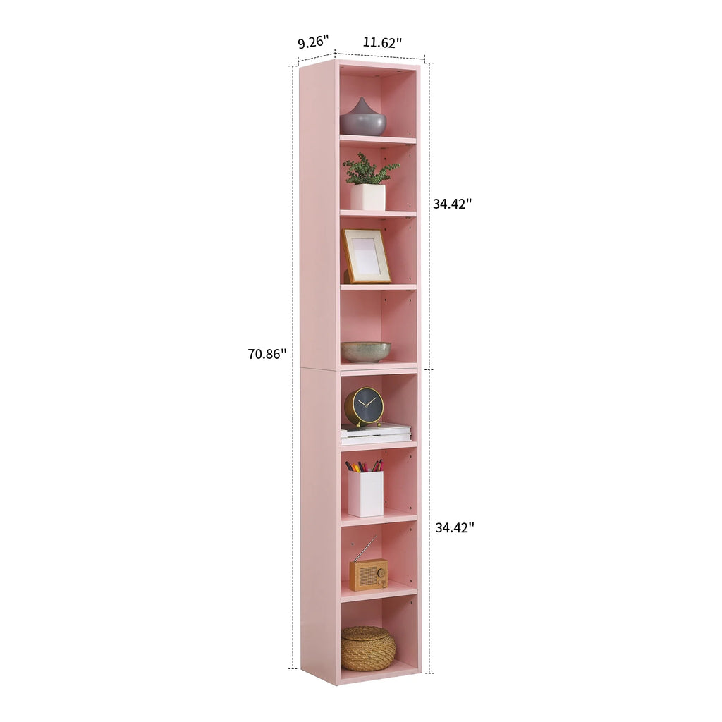 Pink 8-tier Wooden Bookshelf with Adjustable Shelves Q785626