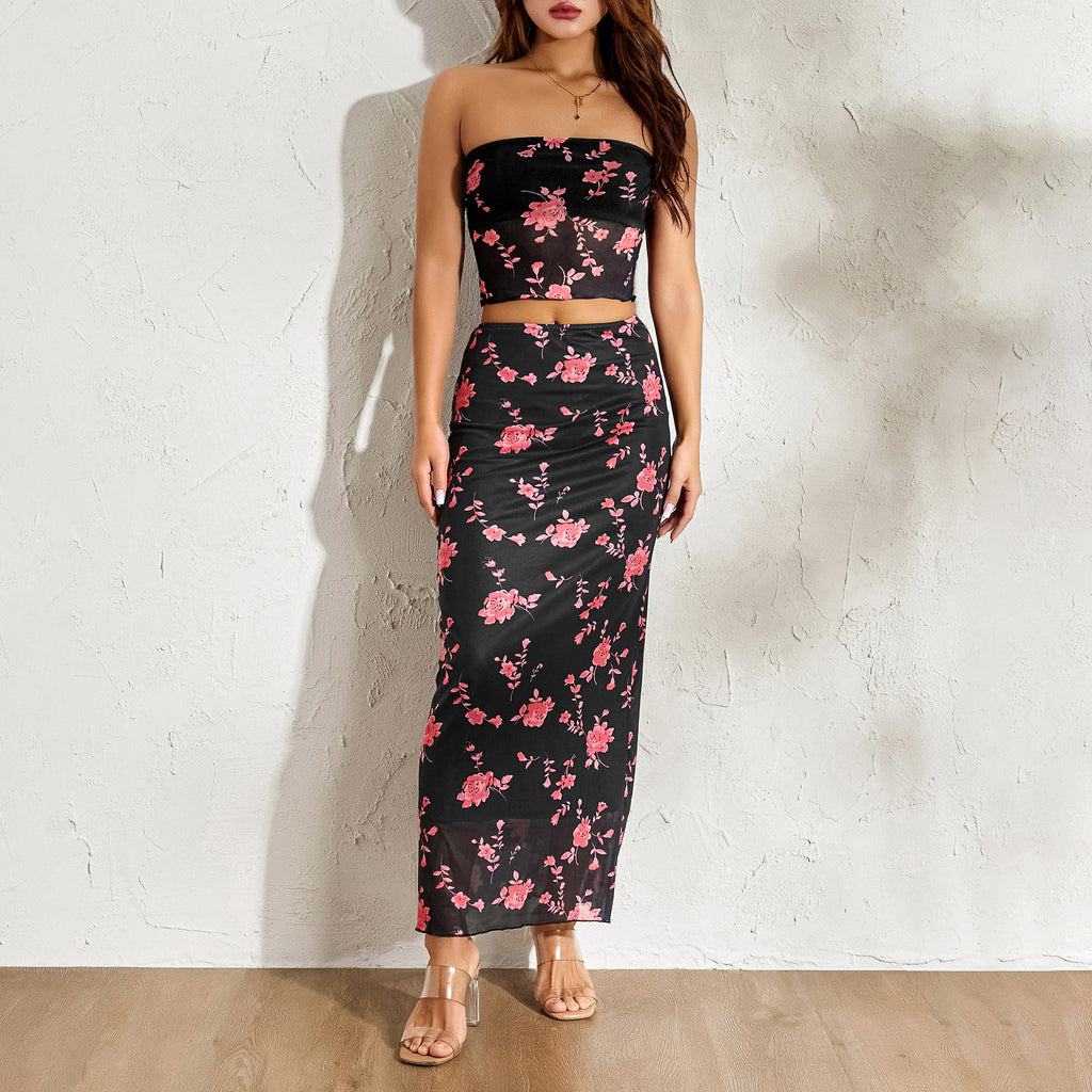 2Pcs Women Flower Print Strapless Mesh Tube Top with Low Waist Long Skirts U959