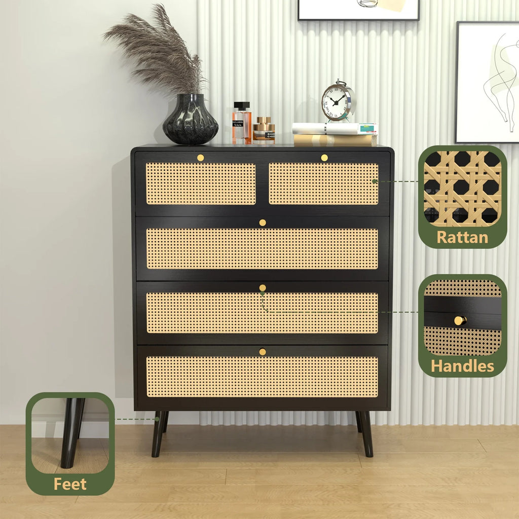 Rattan 4 Drawer Tall Wood Dresser V78652