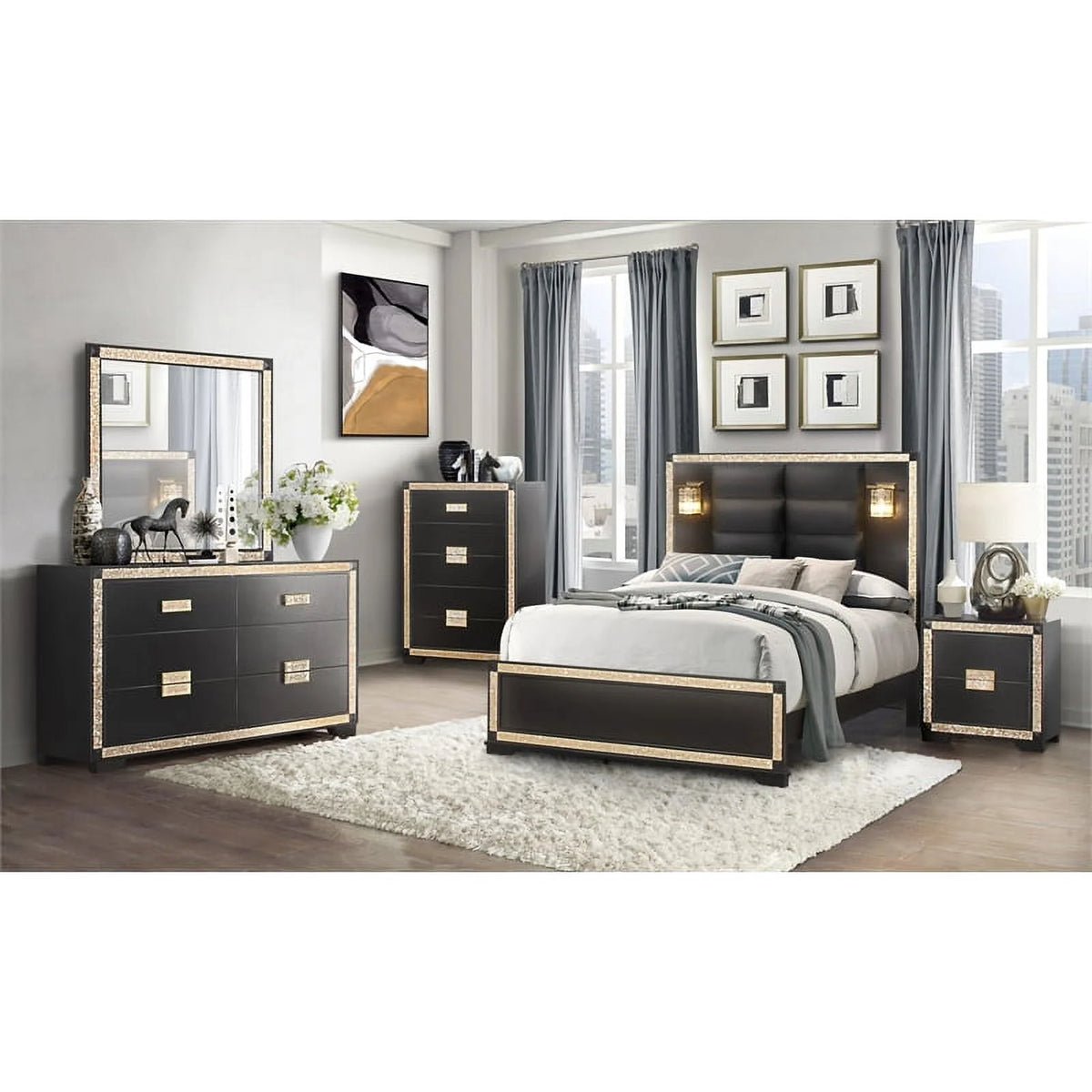 Queen Bed in Black/Gold Finish Z887