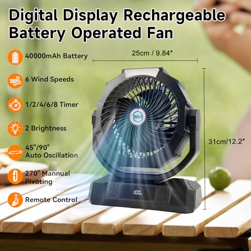 Camping Fan with LED Lantern, 40000mAh Rechargeable Portable Fan with Remote, Black R735