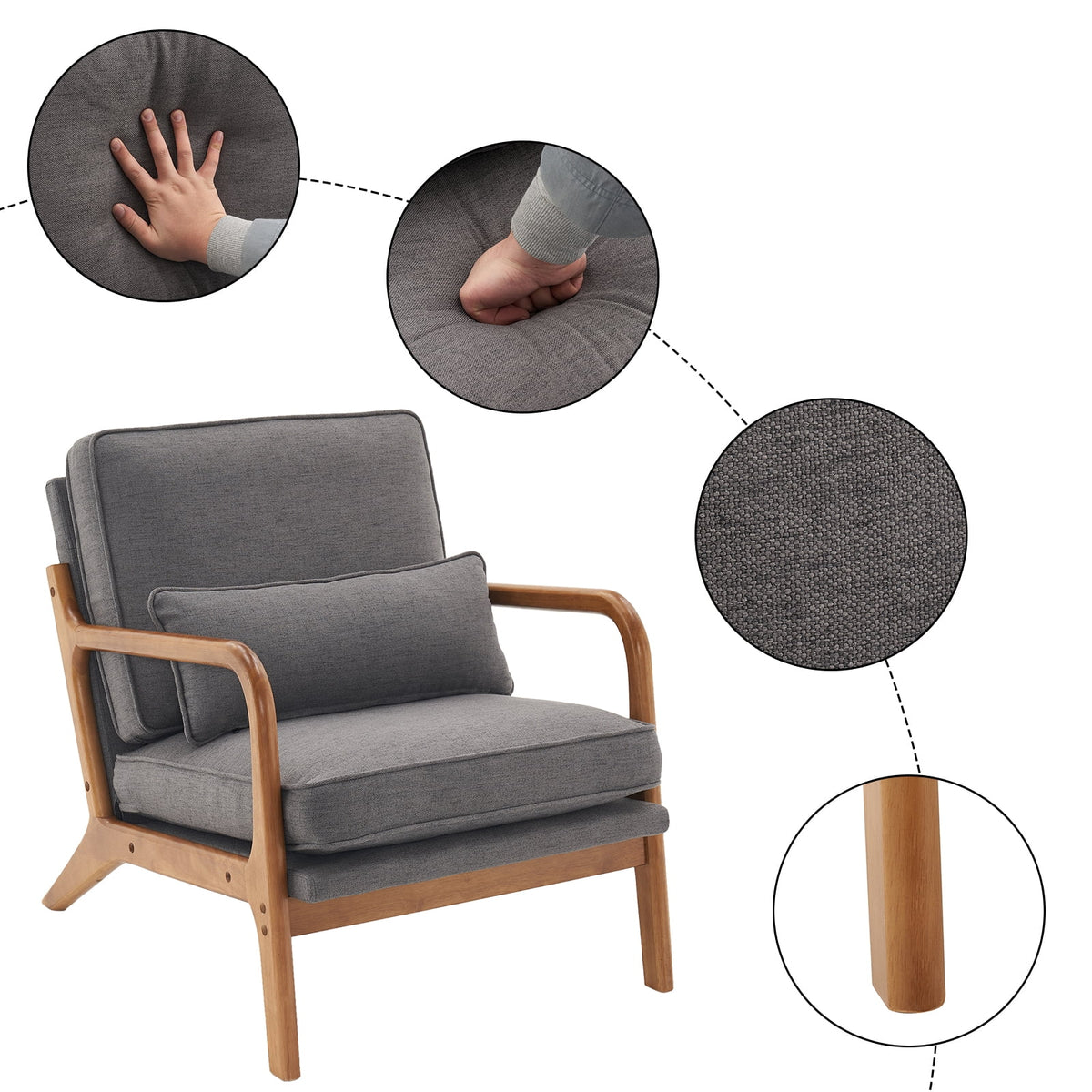 Fabric Single Sofa with Wood Legs (Gray) Q281
