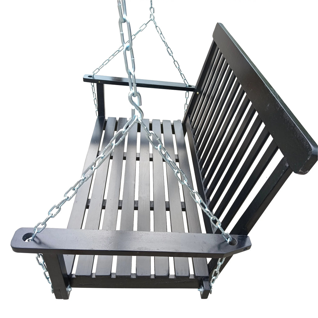 Black Wood Porch Swing with Armrests and Hanging Chains Z164094