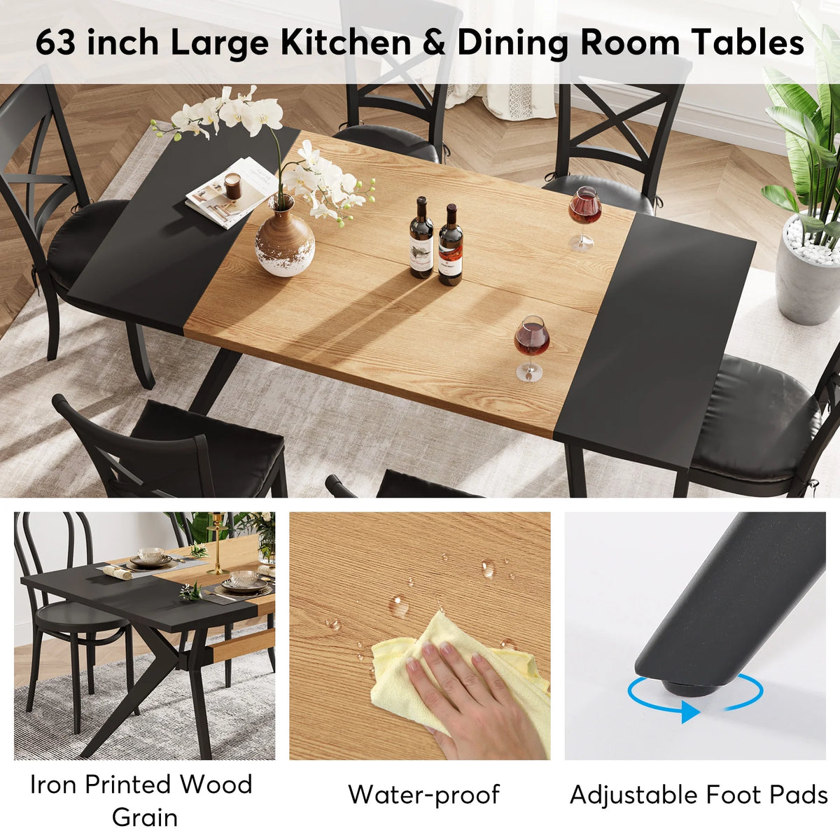 63 inches Rectangular Wood Dining Table with X-Shaped Iron Frame H12681