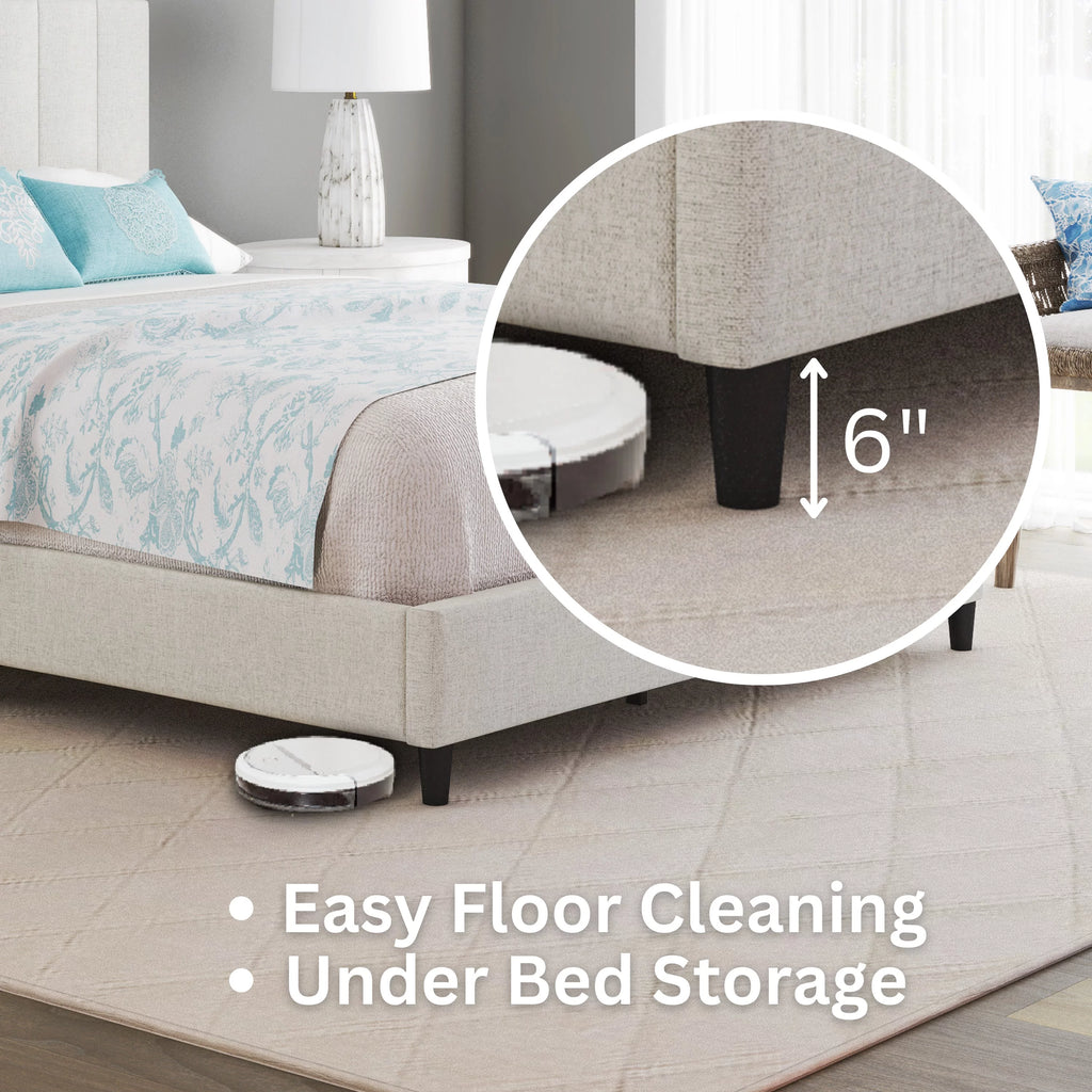 Off White Linen King Platform Bed Frame with Upholstered Headboard Z1301