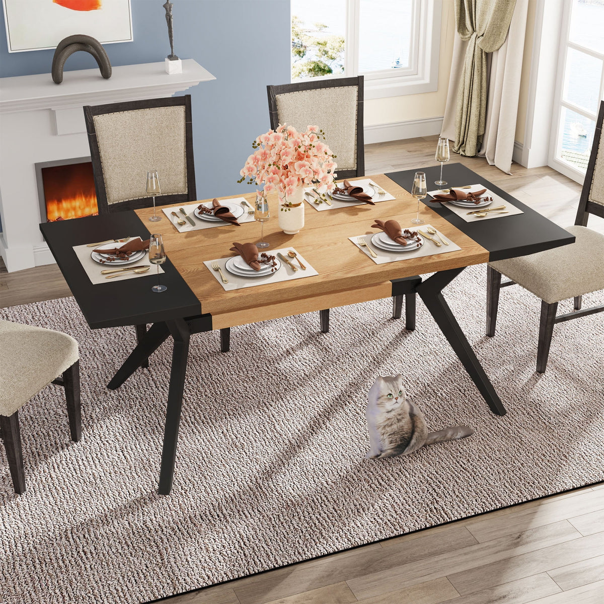 63 inches Rectangular Wood Dining Table with X-Shaped Iron Frame H12681